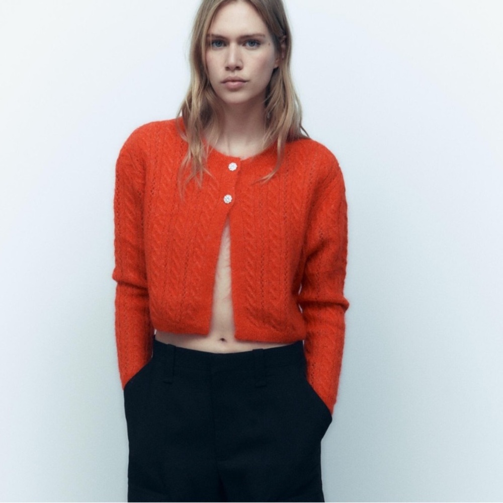 ZARA wool alpaca blend knit crop cardigan rhinestone buttons